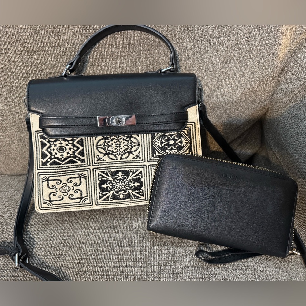 Black and Cream Designer Handbag with wallet